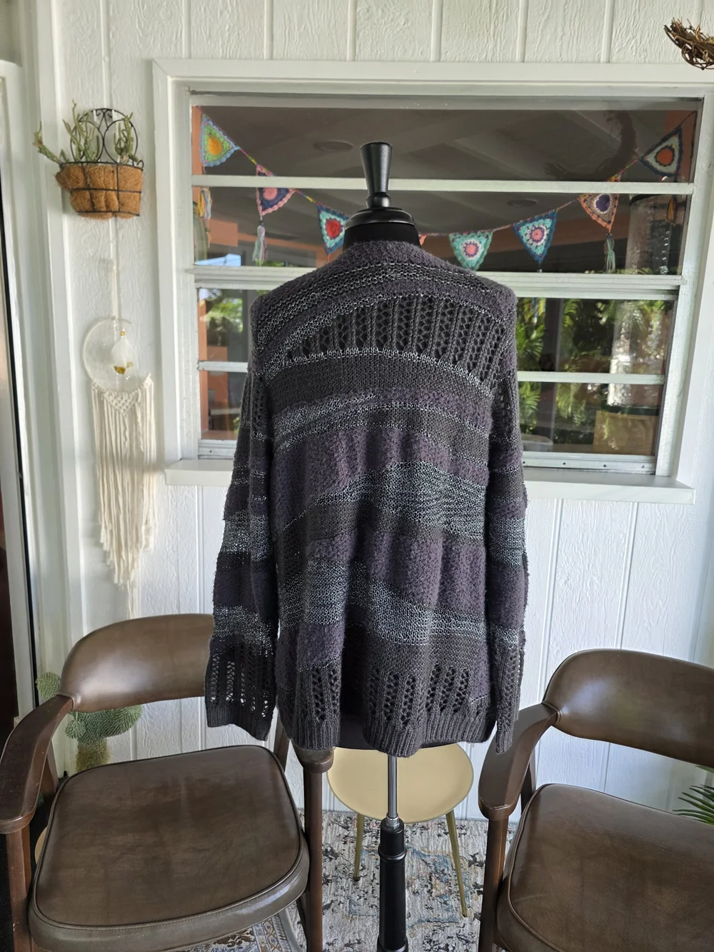 Free People XS Rare Woven Open-Front Textured Knit Cardigan Charcoal Gray